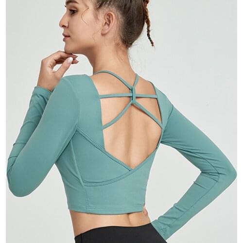 Zhangyunuo Women Fitness Backless Gym Padded Crop Top Yoga Long Sleeve Shirt Lumbar Workout Shirts Wear Active Sports Tank Top