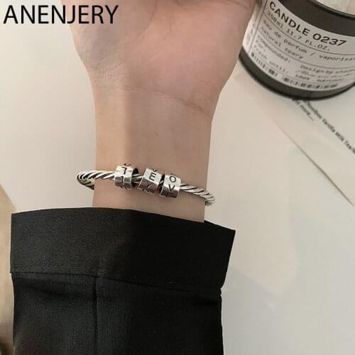 ANENJERY Vintage 925 Sterling Silver Letter LOVE Circle Bracelet Bangles for Women Handmade Hip-hop Geometric Cuff Bangle S-B502
