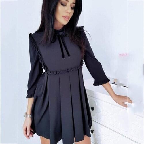 Summer Polyester Womens Dress Round Collar Long Sleeve Pullover High Waist Lace-Up Black Solid Fashion Office Lady Dress