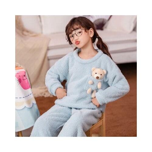 Girls Winter Thick Pajamas Suit 2Pcs Fleece Warm Kids Homewear Cartoon Bear Sleepwear for Big Girls Solid Color Pullover+ Pants