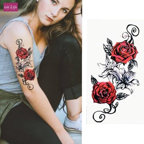 1Pcs watercolor Red Roses Flower Henna Temporary Tattoo Black Mehndi Style Waterproof Tattoo Sticker