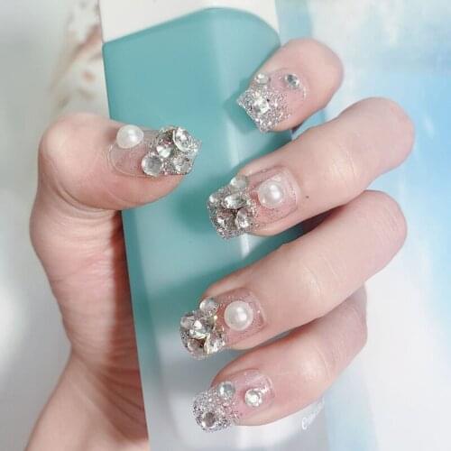 24pcs Fake Nails With Designs Pearl Full Of Diamonds Wear Long Paragraph Fashion Manicure Patch False Nails Press On Nails DL