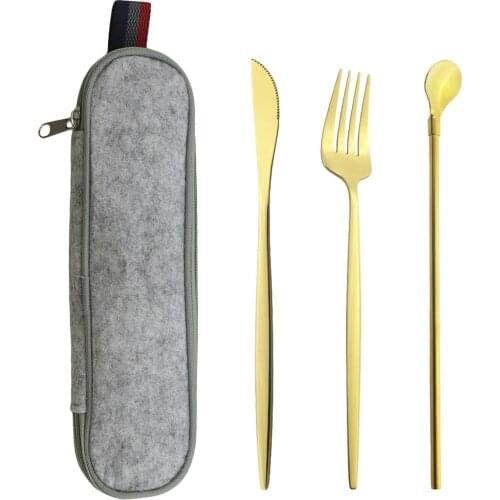 4Pcs Portable Cutlery Set Mirror Gold Travel Flatware Knife Fork Straw Spoon Dinnerware Stainless Steel Silverware Tableware Set