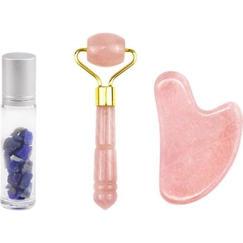 Rose Quartz Jade Roller Gua Sha Board Massager Face Lifting Tool Facial Guasha Massage Gemstone Bottle Kit