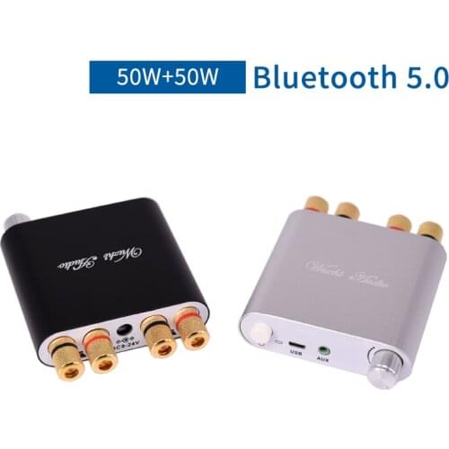 Silver Mini Bluetooth 5.0 Digital Amplifier Hifi Stereo Wireless Audio Receiver Power Amp 50W+50W Car Sound Amplifiers