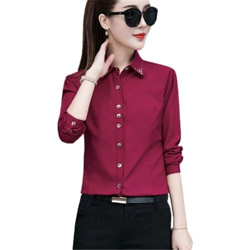 Fashion Hot Diamond Decorated Korean Shirt Womens Autumn Lapel Long Sleeve Button Office Top Spring White Black Blouses S-5XL