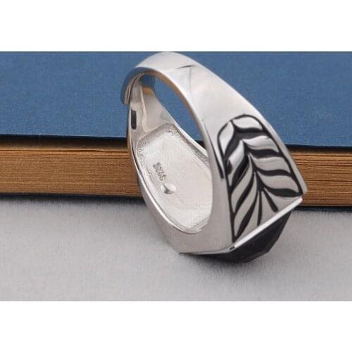 Real s925 sterling silver black agate personality exaggerated opening ring