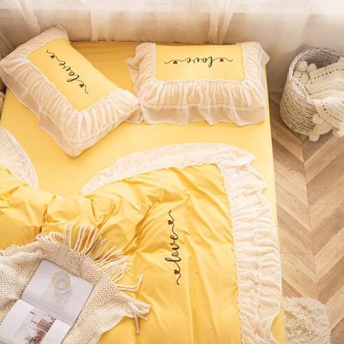Yellow Pink With Lace Embroidered Bedding Set King Queen Size Bed Set Princess Girls Duvet Cover Bed Sheet Pillowcase 3-4pcs #sw