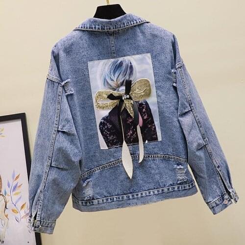 Short Denim Coat For Womem Turn-Down Collar Sequined Batwing Sleeved Solid Loose Sexy Female Outwear Jackets Coat Tops