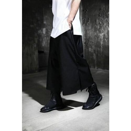 Personality mens side split wide-leg pants casual skirt pants tide men Korean fashion large size loose nine-point pants harem p
