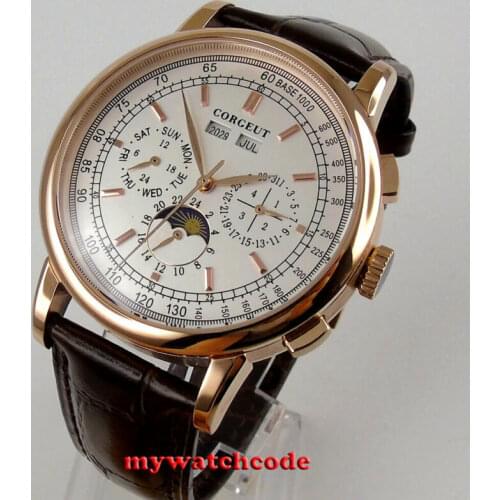 42mm Corgeut White Dial Day Moon Phase Date Mechanical Automatic Mens Watch Rose Golden Plated Case Leather Strap 204