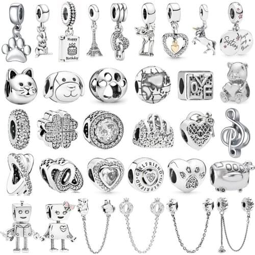 New Animal Footprint Musical Note Safety Chain Crown Boy Pendant Fits Pandora Charm Bracelet DIY Womens Original Beading Gifts