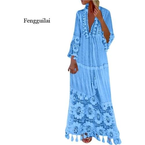 Autumn Fashion Casual Party Bohemian Large Size V-Neck Solid Color Lace Tassel Long Dress