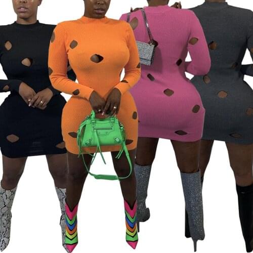Autumn Women Knitted O-neck Long Sleeve Bodycon Mini Dress Hole Streetwear Club Party Bandage Dresses Vestidos