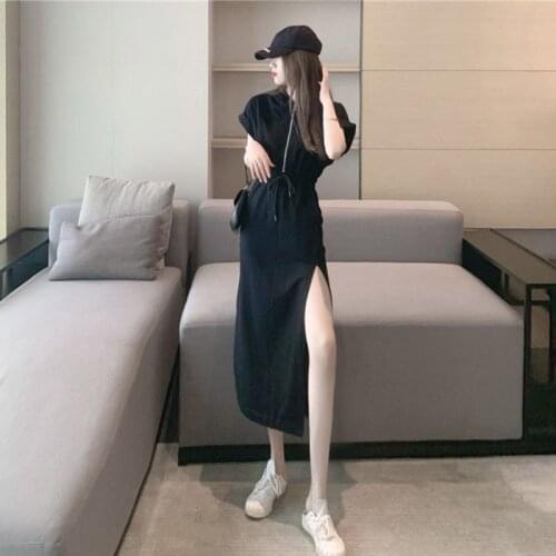 Hooded Casual Womens Dress 2021 Summer New Slim Dress Slit Long Skirt Drawstring Vintage Dresses Female Fashion Black Clothes