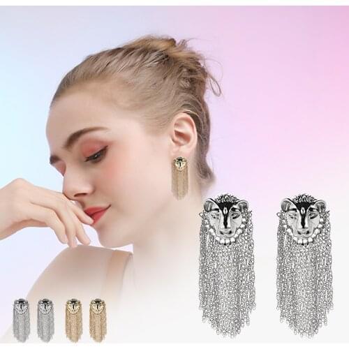 2Pcs Exaggerated Lion Head Metal Chain Tassel Earrings Big Animal Alloy Gold Hip Hop Punk Drop Earrings Jewelry For Women
