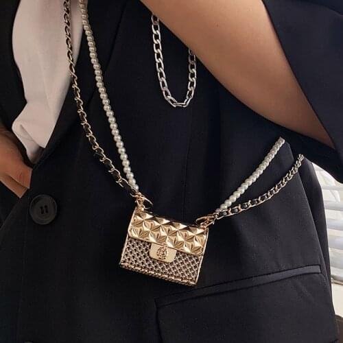 Super Mini Metal Crossbody Shoulder Bags for Women Fashion Lingge Chains Halter Bag Luxury Beading Female Handbags and Coin Bags