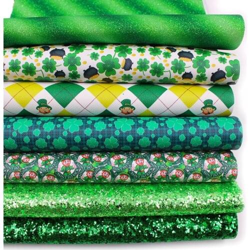 St Patricks Theme Faux Leather Fabric Sheet Green Color Synthetic Leather Sheet 7 Pcs Assorted 7.7" x 12.9" (20 cm x 33 cm)