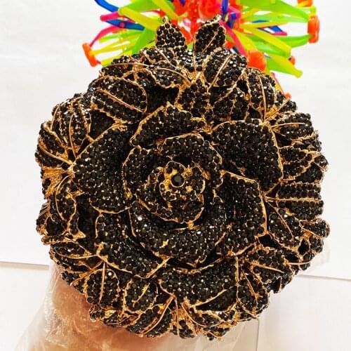 High Quality Gold Metal Crystal Flower Black Purse Women Part Bag Evening Bags New Fashion Designer Ladies Diamond Mini Handbags