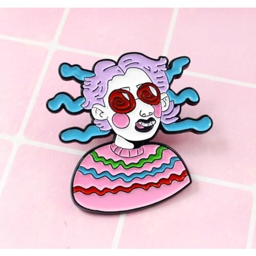 Humorous Punk Bomb Head Girl Purple Hair Pink Sweater Doll Medusa Enamel Brooch Collar Denim Badge Gift For Friends Birthday