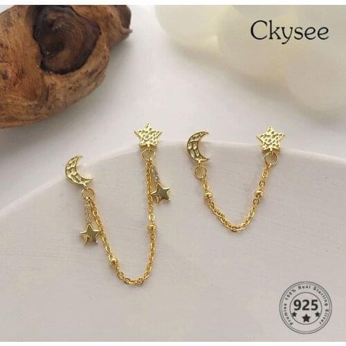 Ckysee 925 Sterling Silver Asymmetric AB Style Female Earrings Fashion Simple Star Moon Chain Earrings Daily 2020 Trend