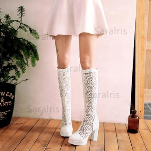 SaraIris Womens Flower Shoelaceper Square High Heel Shoes Woman Breathable Platform Summer Knee Boots