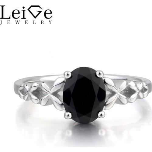 Leige Jewelry Genuine Natural Black Spinel Ring Proposal Ring Oval Cut Gemstone Black Gems Real 925 Sterling Silver for Women