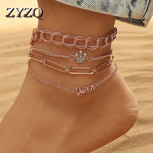 ZYZQ 4pcs/Set Simple Heart-shaped Chain Anklets For Women Beach Foot Jewelry Leg Chain Multi-Layer Ankle Bracelets Women Jewelry