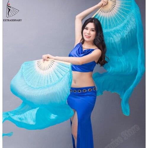 100% Silk Veils Belly Dance Stage Performance Props HandmadeHand Silk Fan 1 Pair Dancing Rainbow Children Adults 7 Colors