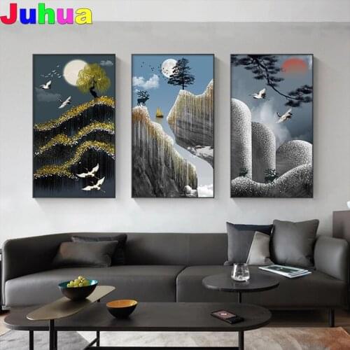Abstract Mountain Sunrise Crane Deer diy Diamond painting Full drill mosaic landscape Diamond Embroidery art stitch home decor
