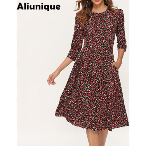 Aliunique New Chiffon Printed Dress For Women Summer O-Neck Boho High Waist Sundress Fashion Casual Beach Dress INS