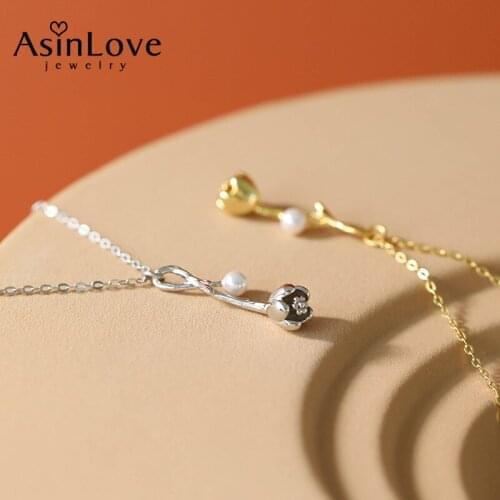 AsinLove Elegant 925 Sterling Silver Thorns Flower Necklace for Women 18K Gold Bud Shell Beads Pendant Romantic Valentine Gift