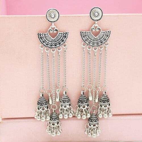 Bollywood Oxidized color Gold Traditional Jhumka Jhumki indian Big Long Tassel Earrings For Women Wedding Afghan Tribal jewelry