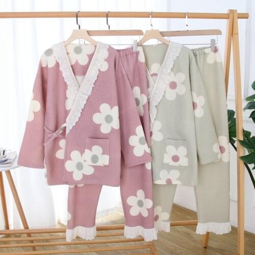 Kimono pregnant womens pajamas suit long-sleeved trousers cotton air layer autumn and winter thickening confinement lace gown