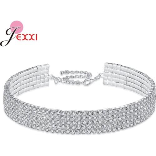 Korean Women Wedding 925 Sterling Silver Full Crystal Choker Necklaces Rhinestone Round For Women Jewelry Gift Necklace