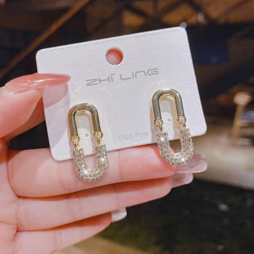 Creative Geometry U-shaped Rhinestone Metal Up And Down Asymmetric Earrings Simple Minority Design Sense Splicing Earrings