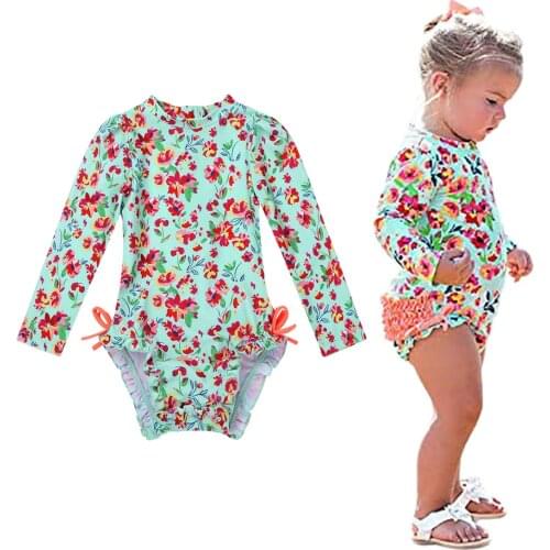 Newborn Baby Girl Floral Bodysuit Infant Summer Long Sleeves Flower Swimsuit Toddler Bathing Beach Playing One-piece Swimwear