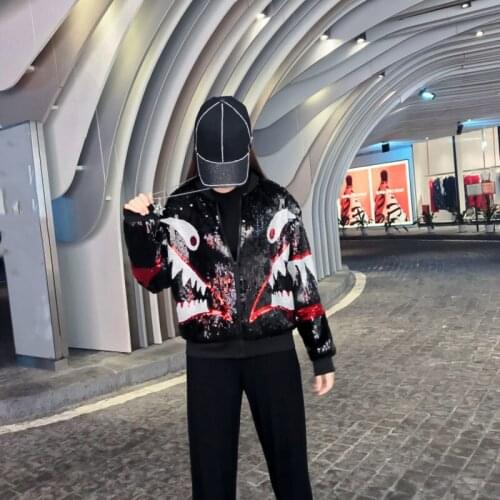 Spring and Autumn Streetwear Black Silver Sequin Jacket Hip Hop Loose Cartoon Print Vinatge Long Sleeve Fashion Cardigan Jacket