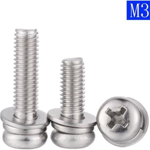 M3 - 0.5 3mm 304 Stainless Stell Cross Recessed Pan Head Screw, Spring Lock Washer and Plain Washer Assemblies Phillips