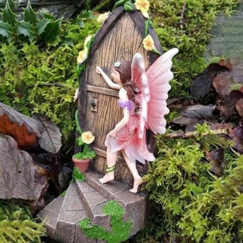 Miniature Door Statue Decorative Resin Fairy Elf Knocking On The Door Ornament Art Potted Landscape Garden Outdoor Decoration