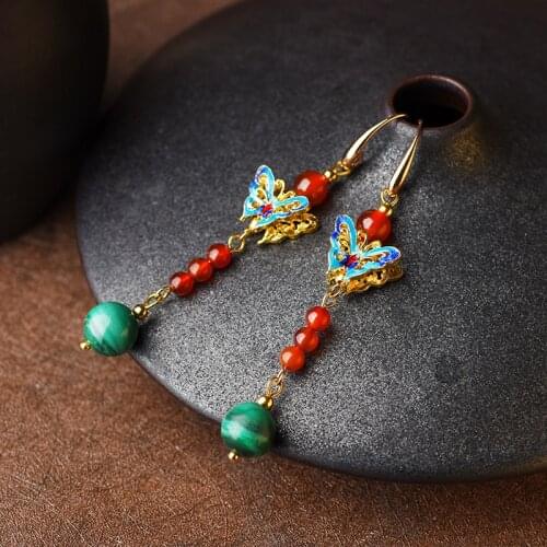 Fashion Natural stone ethnic Cloisonne malachite earring vintage butterfly dangle earrings jewelry for women