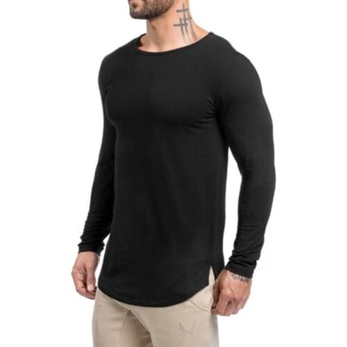 Long-sleeved mens T-shirt gym bodybuilding long-sleeved mens fitness long-sleeved sports running New fashion slim cotton round