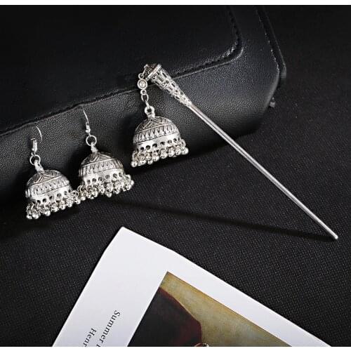 2pcs Gypsy Bells Earring Hair Sticks Set Beads Chinese Hair Accessories Boho Earrings For Women Indian Jewelry Funny Ear Rings