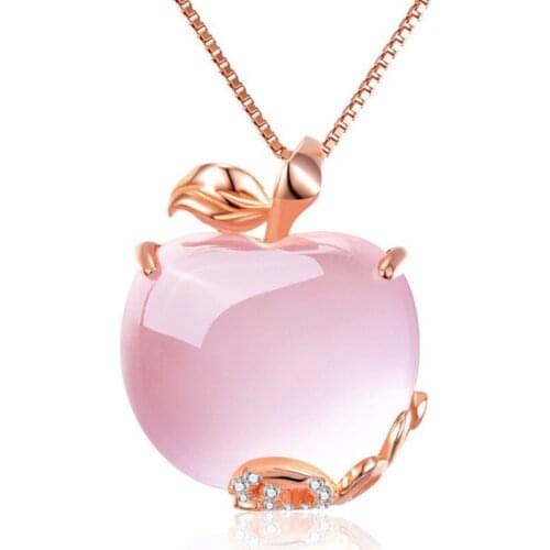 Rose Gold Color Fruit Shape Pink Quartz Pendant Link Chain Necklace for Christmas Gift Jewelry