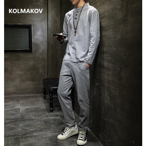 Shirt + trousers) 2020 spring men shirt Man Cotton and linen shirts mens High quality of casual fashion shirts men size M-5XL