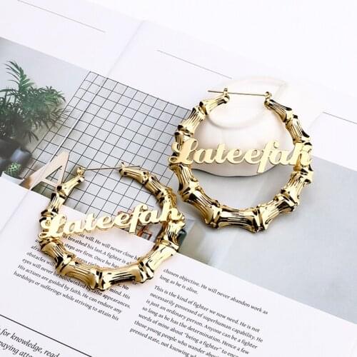 50 70 90mm Hiphop Sexy Bamboo Hoop Earrings Customizable Customize Name Earrings Bamboo Style Custom Earrings Statement