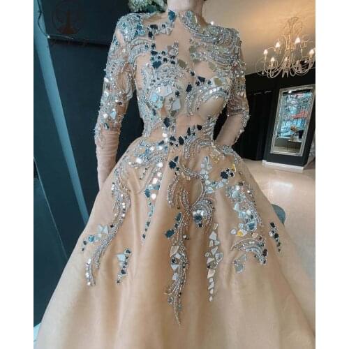 2022 Arabian Design High Collar Beaded Crystals Long Sleeve Champange A Line Evening Dresses