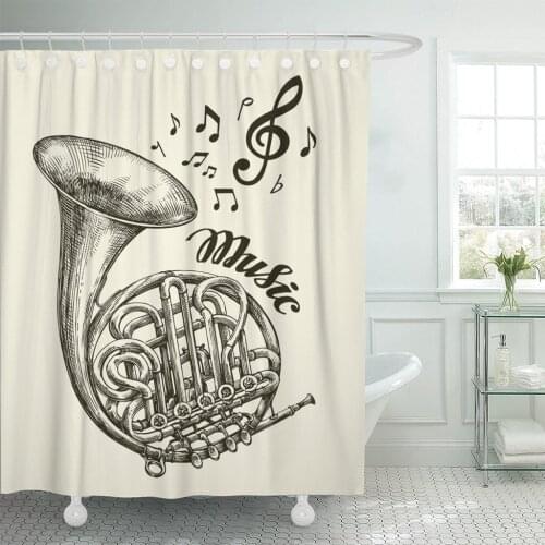 Hand Musical French Horn Sketch Vintage Trumpet Music Drawn Shower Curtain Waterproof Polyester Fabric 60 x 72 Inches with Hooks