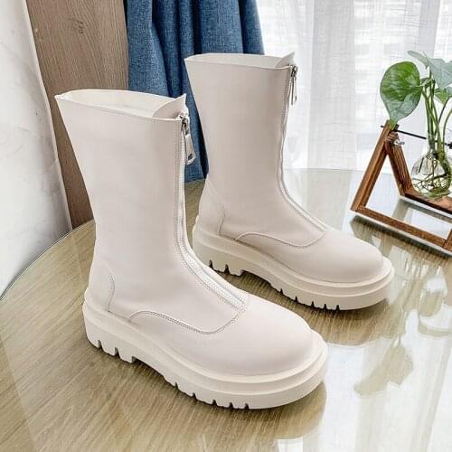 Women Genuine Leather Boots fashion Handmade cow leather patent leather short boots Front zipper platform short boots Tube