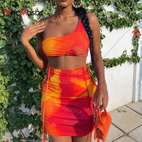 MHCMBSBS Sexy 2 Piece Sets Womens Tie Dye Outfits One Shoulder Backless Crop Tops + Bandage Lace Up Mini Skirts 2021 Summer Set